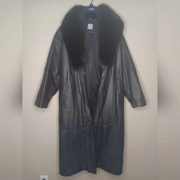 Vintage CAROLE LITTLE Women's L Trench Coat Belted Black Fur Collar Penny - Picture 2 of 6